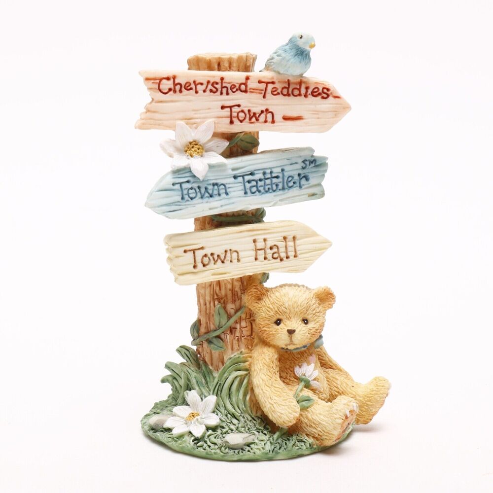 Cherished Teddies Town Tattler Hall Roadsign 3.5" Ceramic Figurine 1995 CRT109
